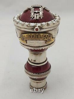 Antique Imperial Russian Faberge Cane Handle Silver Enamel Ruby Pearls E. Kollin