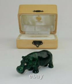 Antique Imperial Russian Faberge Hand Carved Malachite Hippo Statue w Fitted Box