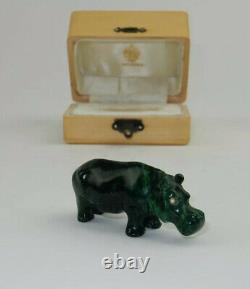 Antique Imperial Russian Faberge Hand Carved Malachite Hippo Statue w Fitted Box