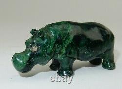 Antique Imperial Russian Faberge Hand Carved Malachite Hippo Statue w Fitted Box