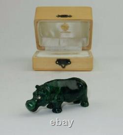 Antique Imperial Russian Faberge Hand Carved Malachite Hippo Statue w Fitted Box