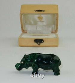 Antique Imperial Russian Faberge Hand Carved Malachite Hippo Statue w Fitted Box