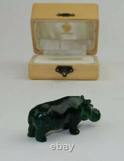 Antique Imperial Russian Faberge Hand Carved Malachite Hippo Statue w Fitted Box