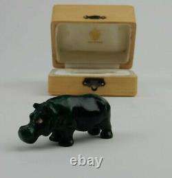 Antique Imperial Russian Faberge Hand Carved Malachite Hippo Statue w Fitted Box