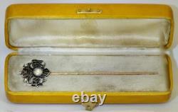 Antique Imperial Russian Faberge Lapel Pin 14K Gold Enamel 1.5ct Diamonds Ruby