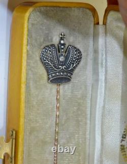Antique Imperial Russian Faberge Romanov's Crown Lapel Pin 14k Rose Gold Diamond