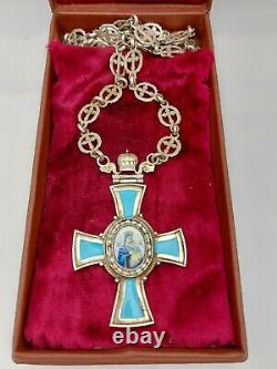 Antique Imperial Russian Faberge Silver 84 Enamel Orthodox Panagia Cross Pendant