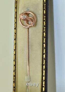 Antique Imperial Russian Faberge Snake Brooch Tie Pin 14k Gold Diamond Boxed