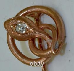 Antique Imperial Russian Faberge Snake Brooch Tie Pin 14k Gold Diamond Boxed