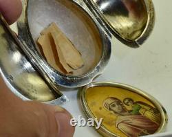 Antique Imperial Russian Faberge silver Easter Egg relic holder, painted icon