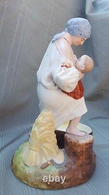 Antique Imperial Russian Gardner Bisque porcelain woman nursing a child figure