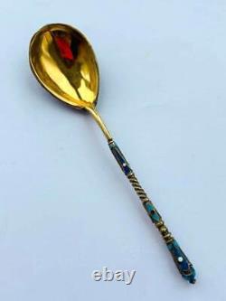Antique Imperial Russian Gilt Sterling Silver 84 Colored Enamel Tea Spoon 16 gr