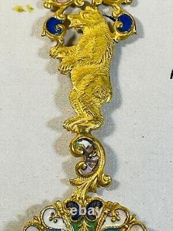 Antique Imperial Russian Gold Champleve Rainbow Enamel Bear Spoon Like Cloisonne