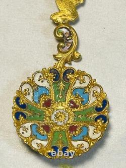 Antique Imperial Russian Gold Champleve Rainbow Enamel Bear Spoon Like Cloisonne
