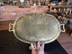 Antique Imperial Russian Hand Hammered Oval Brass Tray With Handles