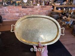 Antique Imperial Russian Hand Hammered Oval Brass Tray With Handles