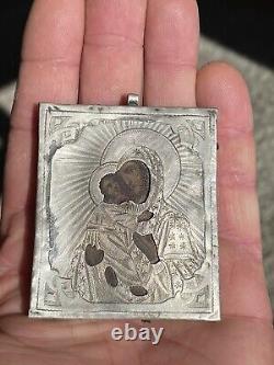 Antique Imperial Russian Icon Sterling Silver Vladimirskaya Mother of God 1866