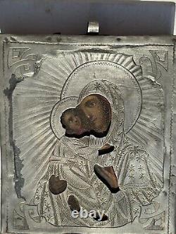 Antique Imperial Russian Icon Sterling Silver Vladimirskaya Mother of God 1866