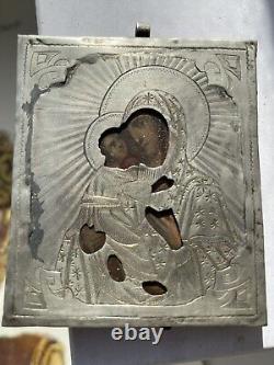 Antique Imperial Russian Icon Sterling Silver Vladimirskaya Mother of God 1866