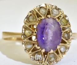 Antique Imperial Russian Ladies Ring 14k Gold Rose Cut Diamonds Amethyst c1906