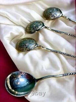 Antique Imperial Russian Late 1800's 84 Silver Engraved Caviar Spoons