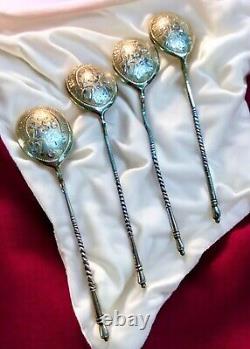 Antique Imperial Russian Late 1800's 84 Silver Engraved Caviar Spoons