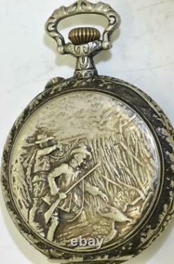 Antique Imperial Russian Pocket Watch Art-Nouveau Chased Case Hunting Scene RARE