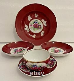 Antique Imperial Russian Porcelain Red Floral Set Of Plate Tea Cup And Saucer