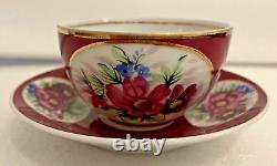 Antique Imperial Russian Porcelain Red Floral Set Of Plate Tea Cup And Saucer