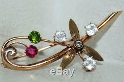 Antique Imperial Russian ROSE 56 Gold 14K Jewelry Brooch Natural Gemstone