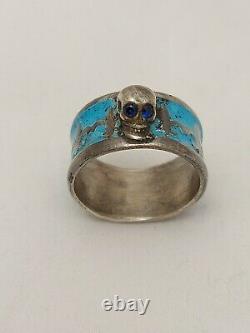 Antique Imperial Russian Ring Silver Enamel Sapphire Memento Mori Skull