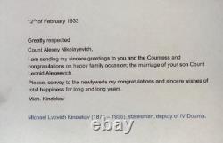 Antique Imperial Russian Signed Letter Kindekov Duma Statesman Count Ignatieff