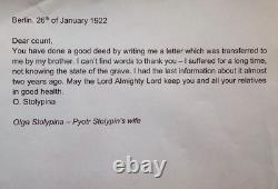 Antique Imperial Russian Signed Letter Olga Stolypin Count Ignatieff Grave 1922