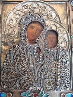 Antique Imperial Russian Silver 84 Religion Kazanskaya B. M Icon Handmade Marked