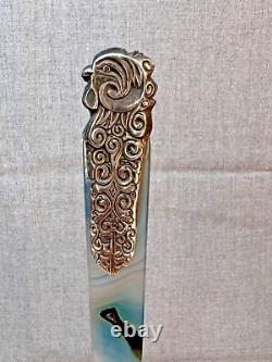 Antique Imperial Russian Silver Agate Letter Opener Paper Knife Repousse Rooster