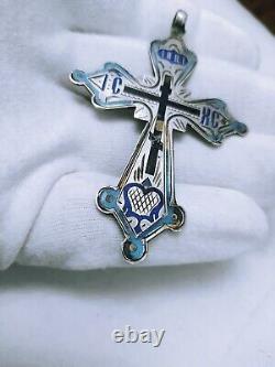 Antique Imperial Russian Silver Cross Large 84 standard Orthodox with Enamel