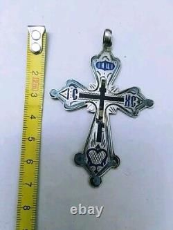 Antique Imperial Russian Silver Cross Large 84 standard Orthodox with Enamel