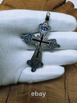 Antique Imperial Russian Silver Cross Large 84 standard Orthodox with Enamel