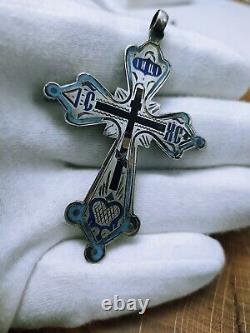 Antique Imperial Russian Silver Cross Large 84 standard Orthodox with Enamel