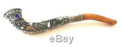 Antique Imperial Russian Silver, Enamel & Amber Tobacco Pipe