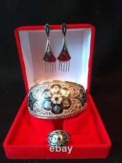 Antique Imperial Russian Silver Kubachi Niello Cuff Bracelet, Earrings & Ring