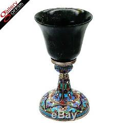 Antique Imperial Russian Silver Nephrite Cup Goblet Khlebnikov Cloisonne Enamel