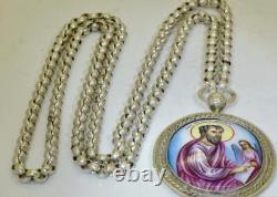 Antique Imperial Russian Silver Painted Enamel Orthodox Pendant and Chain c1843