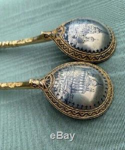 Antique Imperial Russian Silver gilt Niello enamel Spoons Ovchinnikov Moscow