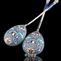 Antique Imperial Russian Solid Silver Spoons Cloisonne Enamel V. Agafonov