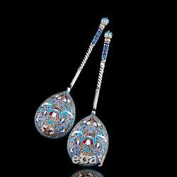 Antique Imperial Russian Solid Silver Spoons Cloisonne Enamel V. Agafonov