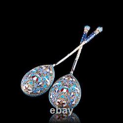 Antique Imperial Russian Solid Silver Spoons Cloisonne Enamel V. Agafonov