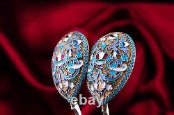 Antique Imperial Russian Solid Silver Spoons Cloisonne Enamel V. Agafonov