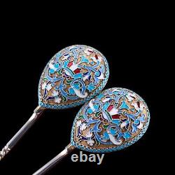 Antique Imperial Russian Solid Silver Spoons Cloisonne Enamel V. Agafonov