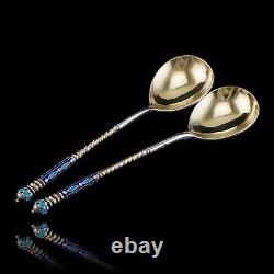 Antique Imperial Russian Solid Silver Spoons Cloisonne Enamel V. Agafonov